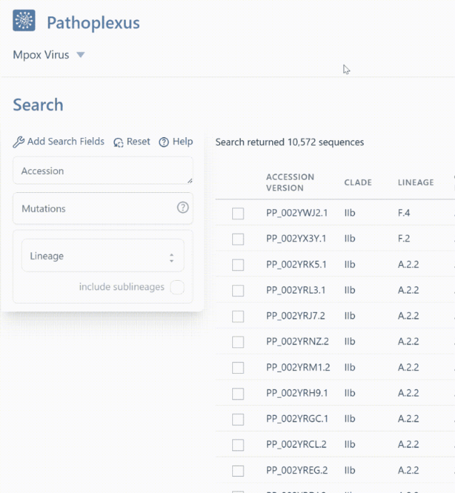 GIF showing how to use the include sublineages checkbox in the Pathoplexus UI