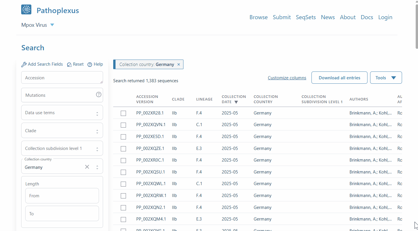 GIF showing how to send sequences from the Pathoplexus search page to Nextclade
