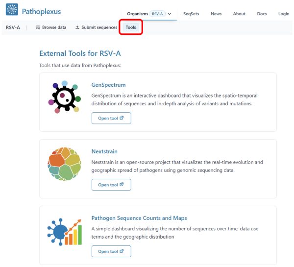 Image showing the Tools page for RSV-A, which lists GenSpectrum, Nextstrain, and Pathogen Sequence Counts and Maps as resources making use of Pathoplexus data for RSV-A via the API