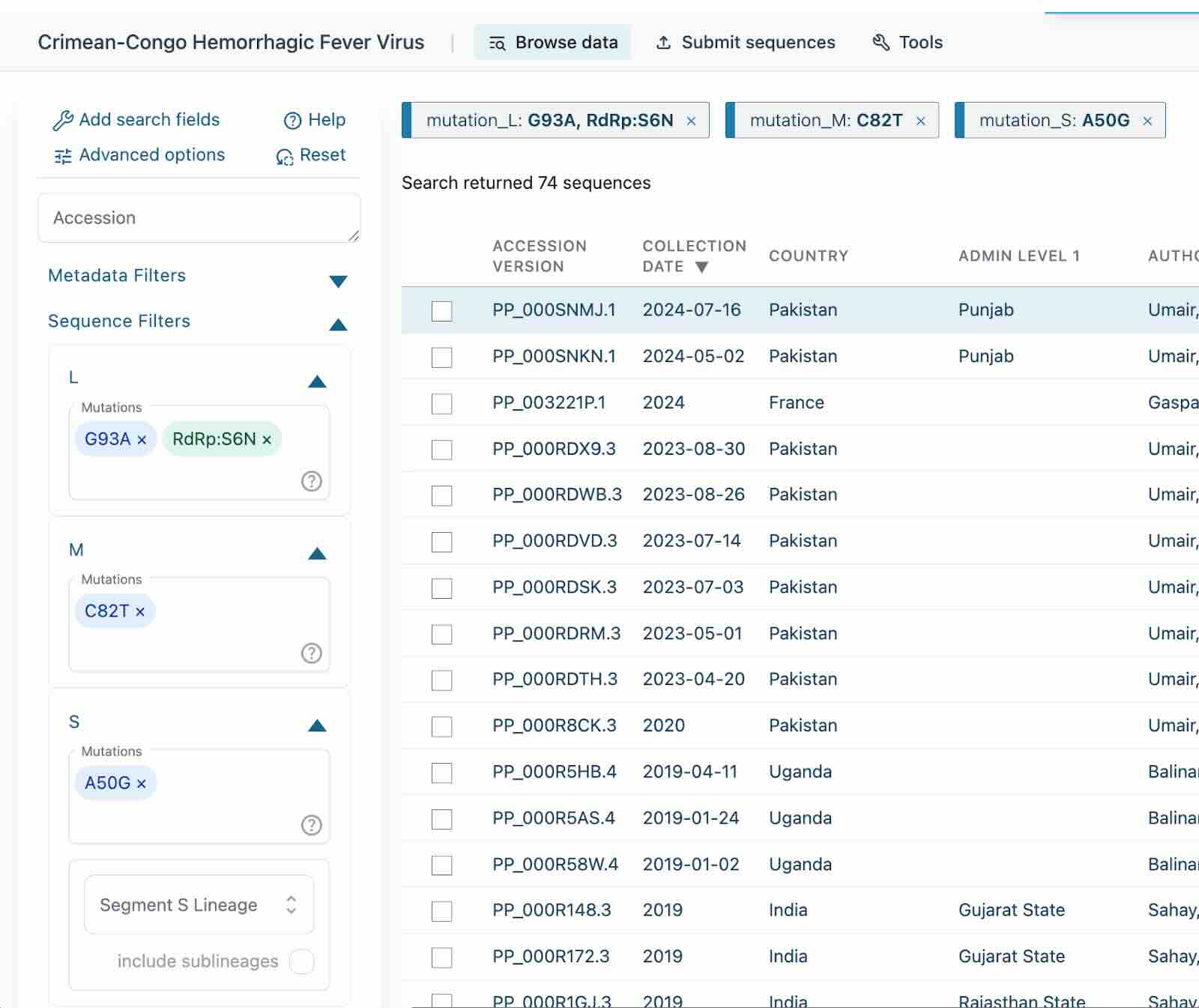 An image showing the Pathoplexus user interface for mutation search on segmented viruses