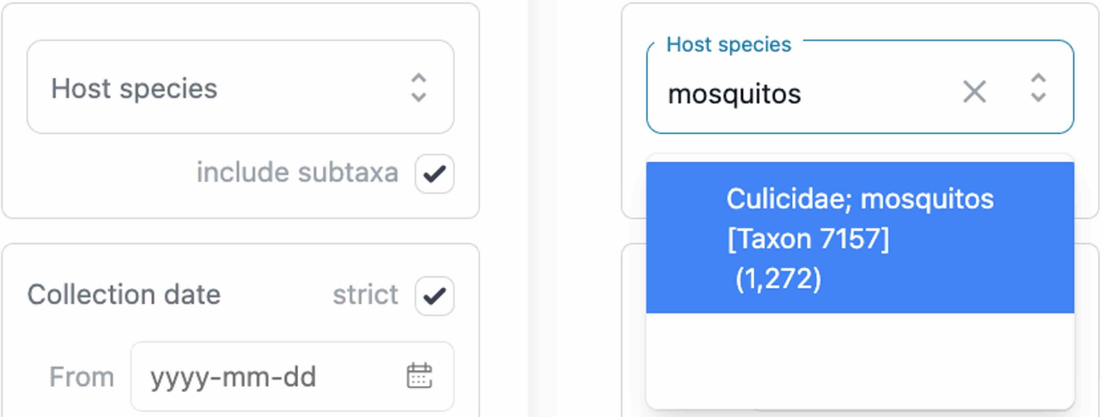 An image showing the new hierarchical filtering interface for host organisms in Pathoplexus