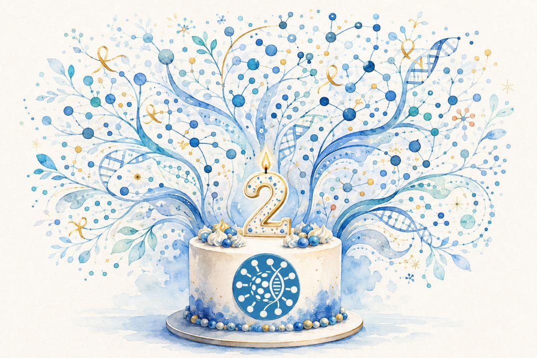 An image showing a cake with the Pathoplexus logo and a lit candle shaped like the number 2 on top. The cake is white with blue and gold decorations. From the cake come gentle lines of blue and gold, showing vague DNA shapes, network-like dots and lines, and gold ribbons